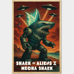 Shark vs Aliens X: Mecha Shark — Retro 50s Sci-Fi B Movie Showdown Posters and Art
