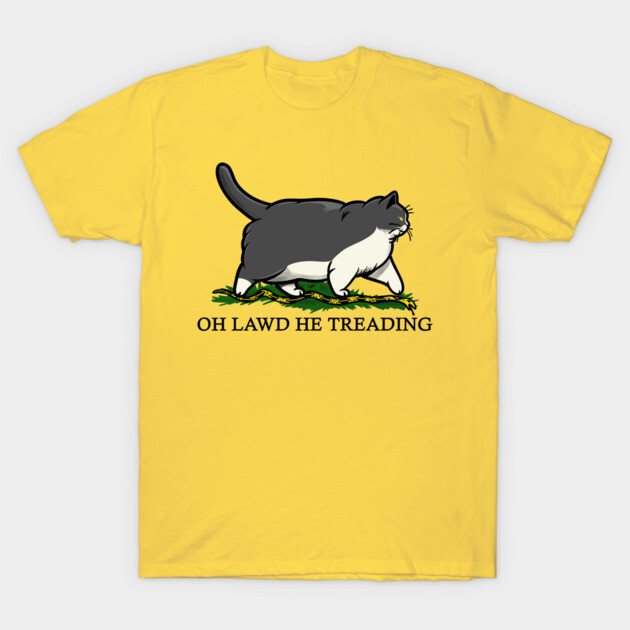 Oh Lawd He Treading Grey Tuxedo Cat T-Shirt by KilkennyCat Art