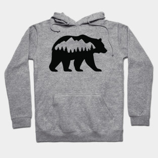 Grizzly Bear with Mountain Forest Silhouette – Minimalist Nature Design Hoodie