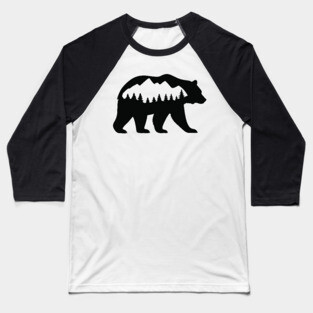 Grizzly Bear with Mountain Forest Silhouette – Minimalist Nature Design Baseball T-Shirt
