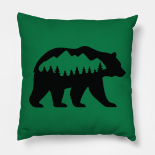 Grizzly Bear with Mountain Forest Silhouette – Minimalist Nature Design Pillow
