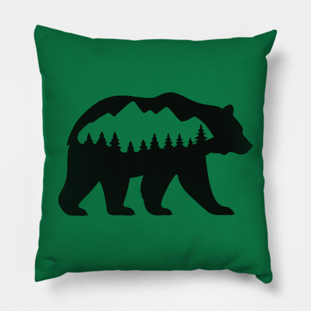 Grizzly Bear with Mountain Forest Silhouette – Minimalist Nature Design Pillow by DonWillisJrArt
