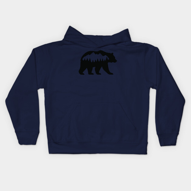 Grizzly Bear with Mountain Forest Silhouette – Minimalist Nature Design Kids Hoodie by DonWillisJrArt