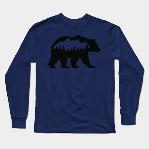 Grizzly Bear with Mountain Forest Silhouette – Minimalist Nature Design Long Sleeve T-Shirt by DonWillisJrArt
