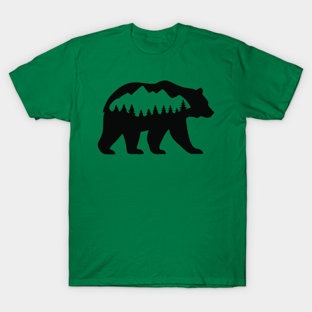 Grizzly Bear with Mountain Forest Silhouette – Minimalist Nature Design T-Shirt by DonWillisJrArt