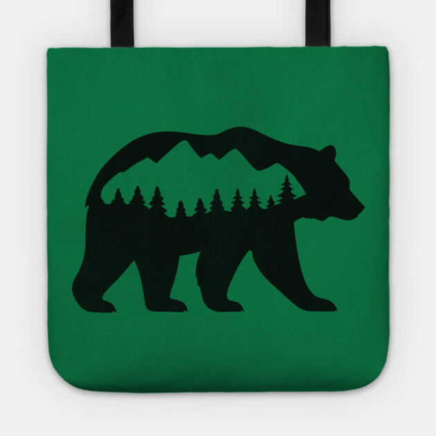 Grizzly Bear with Mountain Forest Silhouette – Minimalist Nature Design Tote by DonWillisJrArt