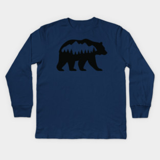 Grizzly Bear with Mountain Forest Silhouette – Minimalist Nature Design Kids Long Sleeve T-Shirt