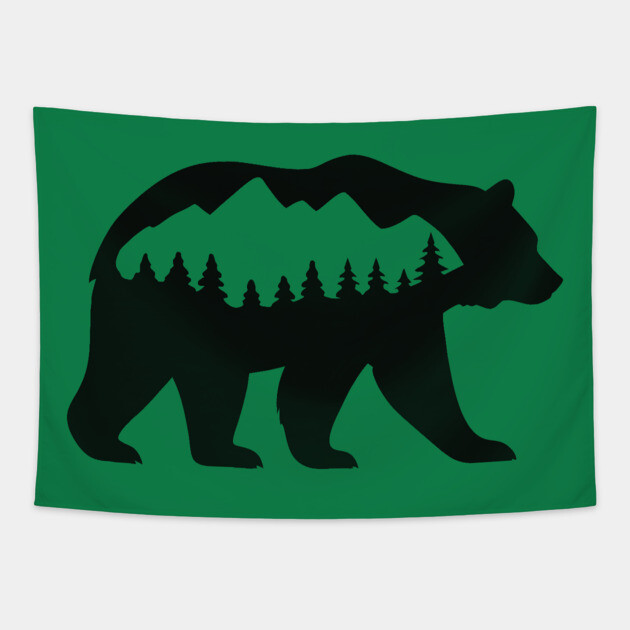 Grizzly Bear with Mountain Forest Silhouette – Minimalist Nature Design Tapestry by DonWillisJrArt