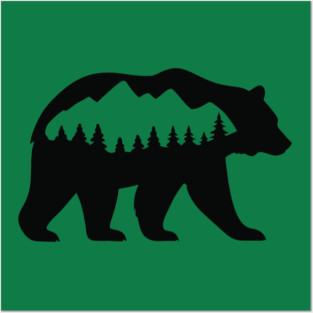 Grizzly Bear with Mountain Forest Silhouette – Minimalist Nature Design Posters and Art