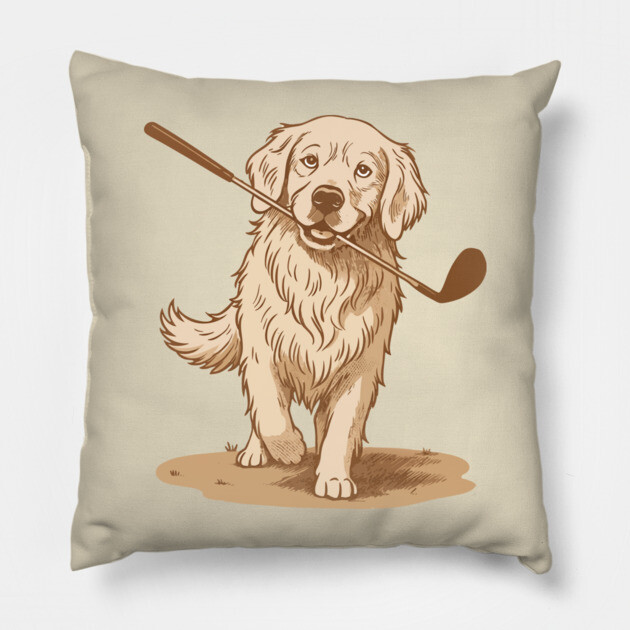 Golden Retriever Golfer – Vintage Sepia Dog Art Pillow by DonWillisJrArt