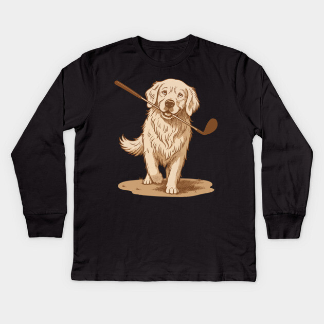 Golden Retriever Golfer – Vintage Sepia Dog Art Kids Long Sleeve T-Shirt by DonWillisJrArt