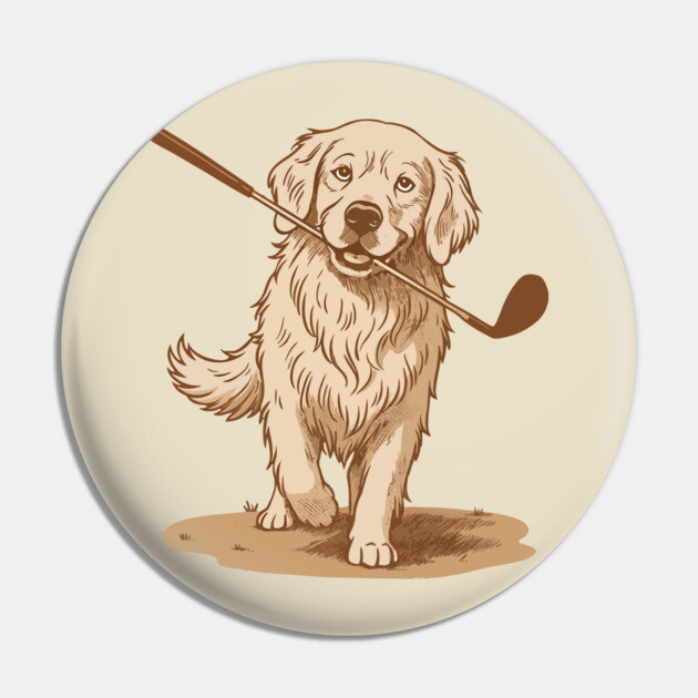 Golden Retriever Golfer – Vintage Sepia Dog Art Pin by DonWillisJrArt