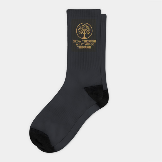 Grow Through What You Go Through – Motivational Tree of Life Quote Design in Brushed Gold Socks by Anne Lee