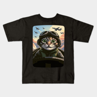 Funny Cat Fighter Jet Pilot Kitty Selfie Kids T-Shirt