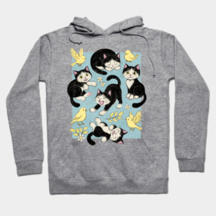Cats and Canaries in Chalk Pastel on Soft Baby Blue Hoodie