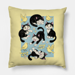 Cats and Canaries in Chalk Pastel on Soft Baby Blue Pillow