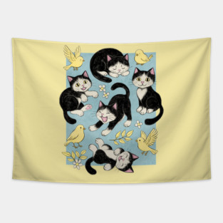 Cats and Canaries in Chalk Pastel on Soft Baby Blue Tapestry