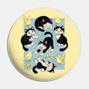 Cats and Canaries in Chalk Pastel on Soft Baby Blue Pin