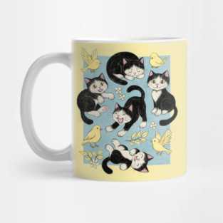 Cats and Canaries in Chalk Pastel on Soft Baby Blue Mug