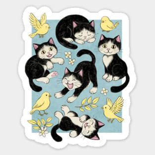 Cats and Canaries in Chalk Pastel on Soft Baby Blue Sticker