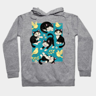 Cats and Canaries in Chalk Pastel on Bright Teal Blue Hoodie