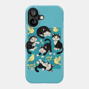 Cats and Canaries in Chalk Pastel on Bright Teal Blue Phone Case