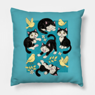 Cats and Canaries in Chalk Pastel on Bright Teal Blue Pillow