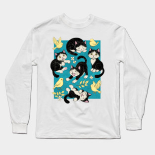 Cats and Canaries in Chalk Pastel on Bright Teal Blue Long Sleeve T-Shirt