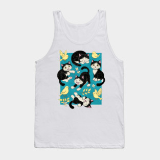 Cats and Canaries in Chalk Pastel on Bright Teal Blue Tank Top