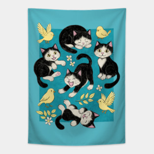 Cats and Canaries in Chalk Pastel on Bright Teal Blue Tapestry