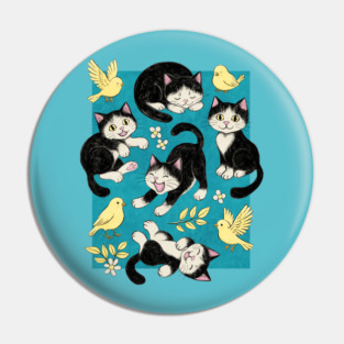 Cats and Canaries in Chalk Pastel on Bright Teal Blue Pin