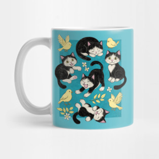 Cats and Canaries in Chalk Pastel on Bright Teal Blue Mug