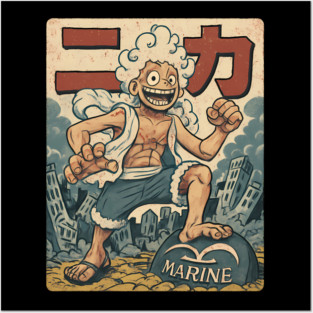 vintage luffy in gear 5 over marine helmet Posters and Art