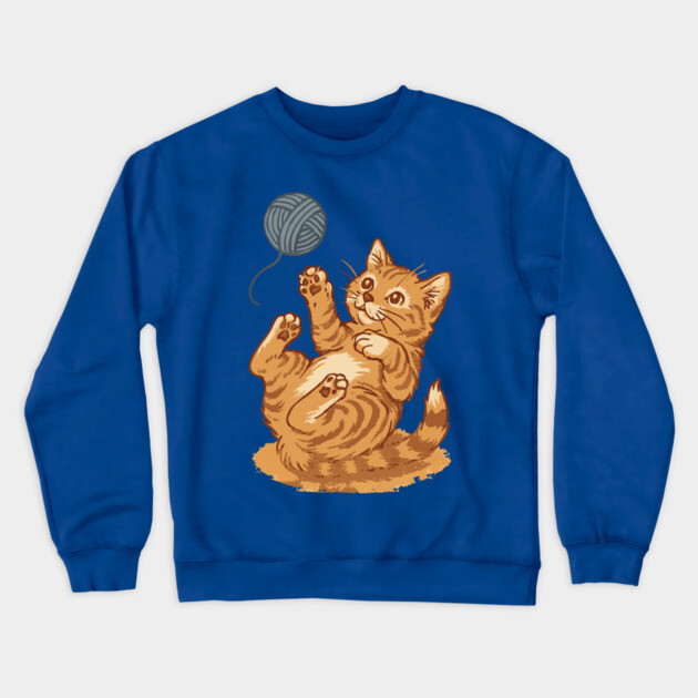 Playful Ginger Kitten with Yarn – Vintage-Style Illustration Crewneck Sweatshirt by DonWillisJrArt