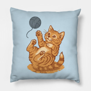 Playful Ginger Kitten with Yarn – Vintage-Style Illustration Pillow