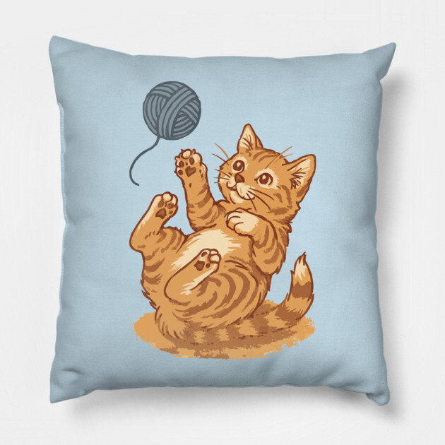 Playful Ginger Kitten with Yarn – Vintage-Style Illustration Pillow by DonWillisJrArt