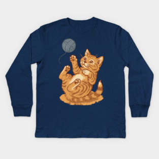 Playful Ginger Kitten with Yarn – Vintage-Style Illustration Kids Long Sleeve T-Shirt