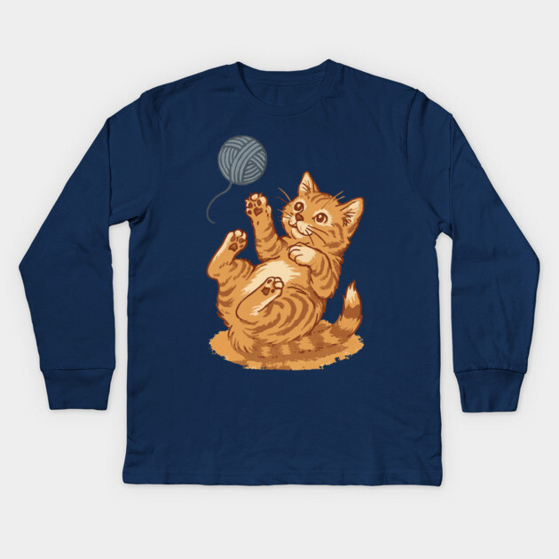 Playful Ginger Kitten with Yarn – Vintage-Style Illustration Kids Long Sleeve T-Shirt by DonWillisJrArt
