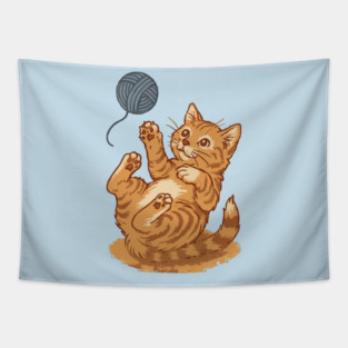 Playful Ginger Kitten with Yarn – Vintage-Style Illustration Tapestry