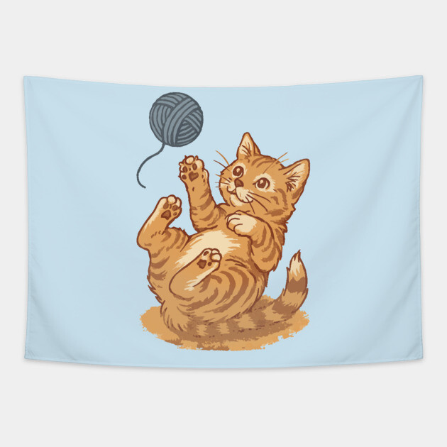 Playful Ginger Kitten with Yarn – Vintage-Style Illustration Tapestry by DonWillisJrArt