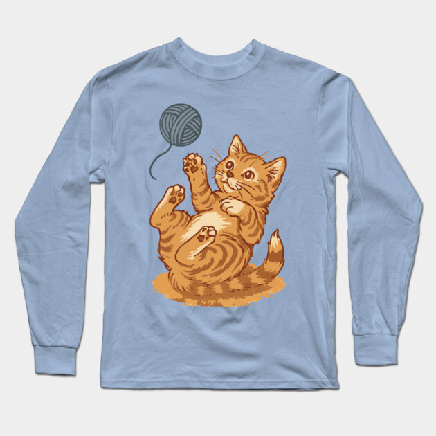 Playful Ginger Kitten with Yarn – Vintage-Style Illustration Long Sleeve T-Shirt by DonWillisJrArt