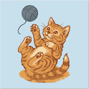 Playful Ginger Kitten with Yarn – Vintage-Style Illustration Posters and Art