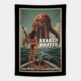 Kraken Hunter: Retro B‑Movie Creature Feature Showdown Tapestry