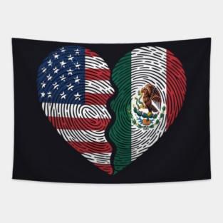 Half American Half Mexican USA Mexico Flag Heart Fingerprint Tapestry