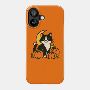 Tuxedo Cat in Pumpkin Patch – Cute Halloween Moon and Fall Kitty Design Phone Case