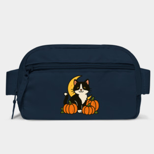 Tuxedo Cat in Pumpkin Patch – Cute Halloween Moon and Fall Kitty Design Bag