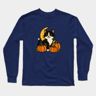 Tuxedo Cat in Pumpkin Patch – Cute Halloween Moon and Fall Kitty Design Long Sleeve T-Shirt
