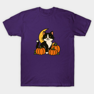 Tuxedo Cat in Pumpkin Patch – Cute Halloween Moon and Fall Kitty Design T-Shirt