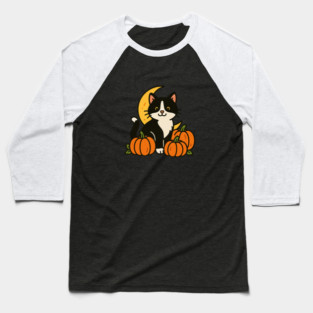 Tuxedo Cat in Pumpkin Patch – Cute Halloween Moon and Fall Kitty Design Baseball T-Shirt