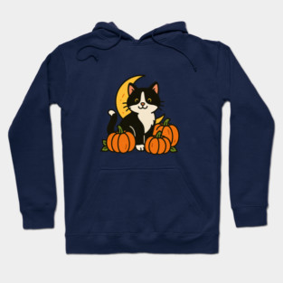 Tuxedo Cat in Pumpkin Patch – Cute Halloween Moon and Fall Kitty Design Hoodie